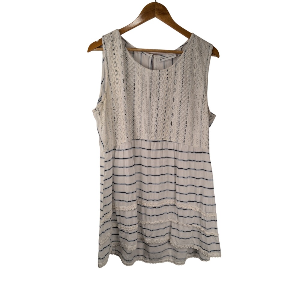 New York & Company Womens XL White Navy Blue Striped Lace Tiered Sleeveless Top